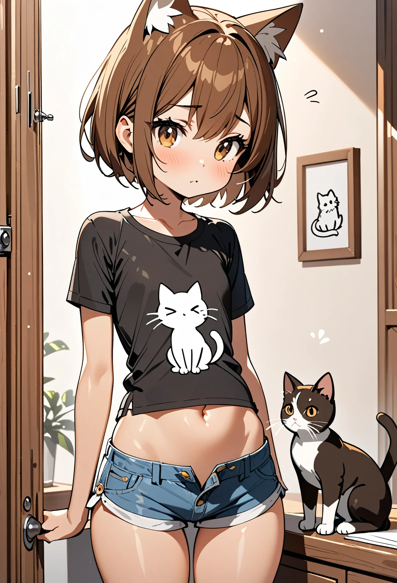masterpiece, Highest quality,Cute doodles,One Girl,Brown Hair,short hair,Girl wearing shorts,Very short stature,Flat Chest,Small Ass,Very thin thighs,Cat,Open Fly,I'll strip you naked