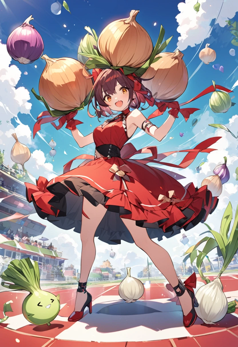 AnimeMoomin、Onion head、girl、ribbon、Red clothes、High heels