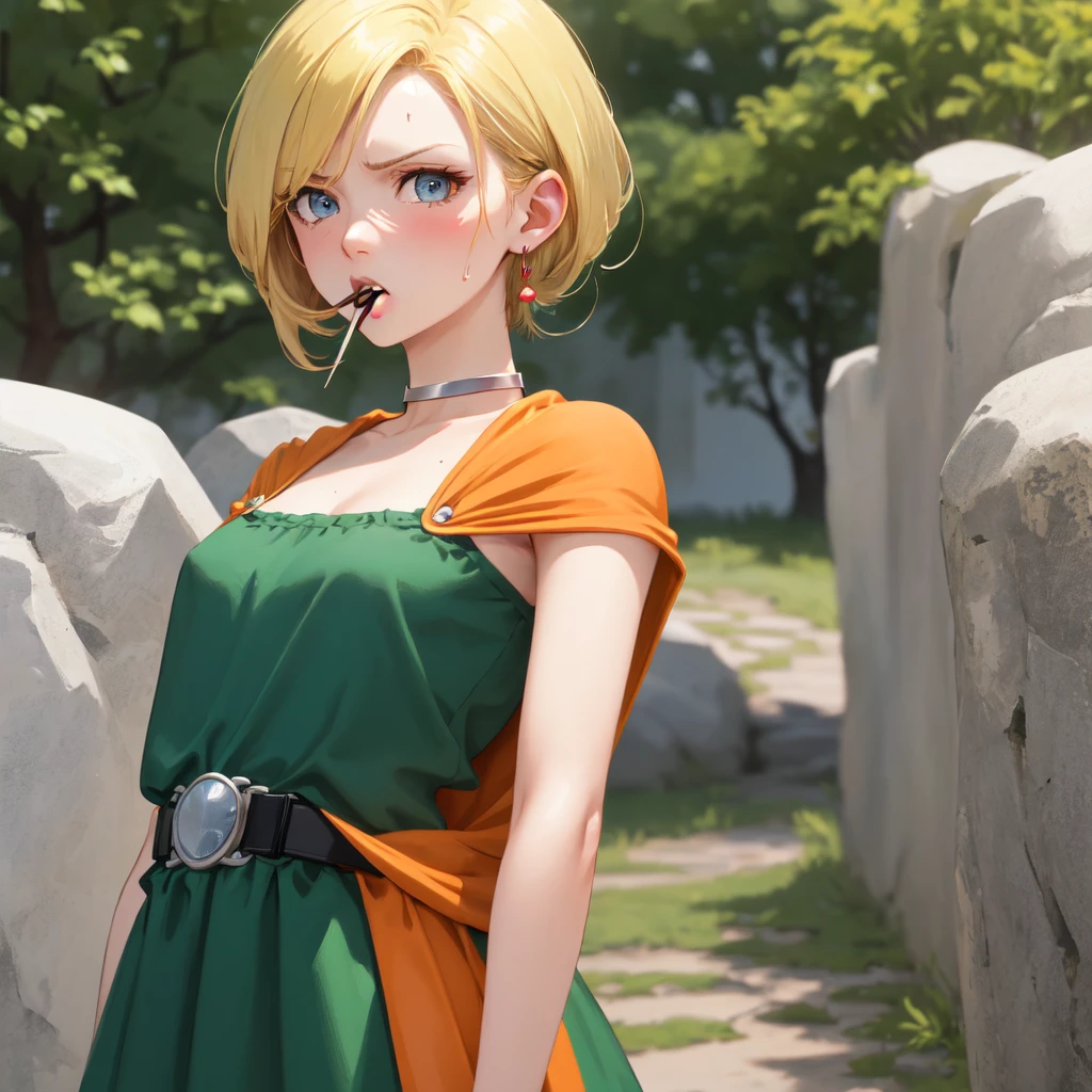 masterpiece, Highest quality, DQ Bianca, 1 person, Single Blade, Earrings, choker, Orange Cape, Green Dress, belt, Small breasts, 1 personで, Sitting in the bed of a truck, Upper Body, hot, Sweating a lot, Wipe away sweat, looking at the camera, angry