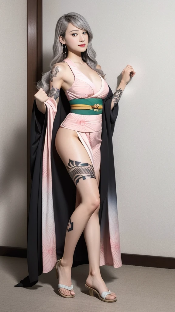 Cute Japanese female, (), (Very cute face), White moist skin, (Pink bright eyes: 1.4), (Full body: 1.4),
BREAK,
(Very beautiful berserker: 1.3), (Fighting pose: 1.3), (Kick: 1.2),
BREAK,
Earrings, Short length, (Black grass tattoo on body: 1.3),
BREAK,
(Cute kimono: 1.2), (Black haori: 1.2), (Crowd),
BREAK,
(Super long hair), (Light gray hair: 1.4), (Gradient hair: 1.3), (Red tips: 1.3),
BREAK,
(Realistic: 1.3), Masterpiece, Perfect lighting, (Ultra high resolution), (8K), (Very detailed: 1.4), (Full body: 1.4), (Symmetrical: 1.2), (One shot), (Kick: 1.2),
BREAK,
(Big Japanese city: 1.2), (crowded),