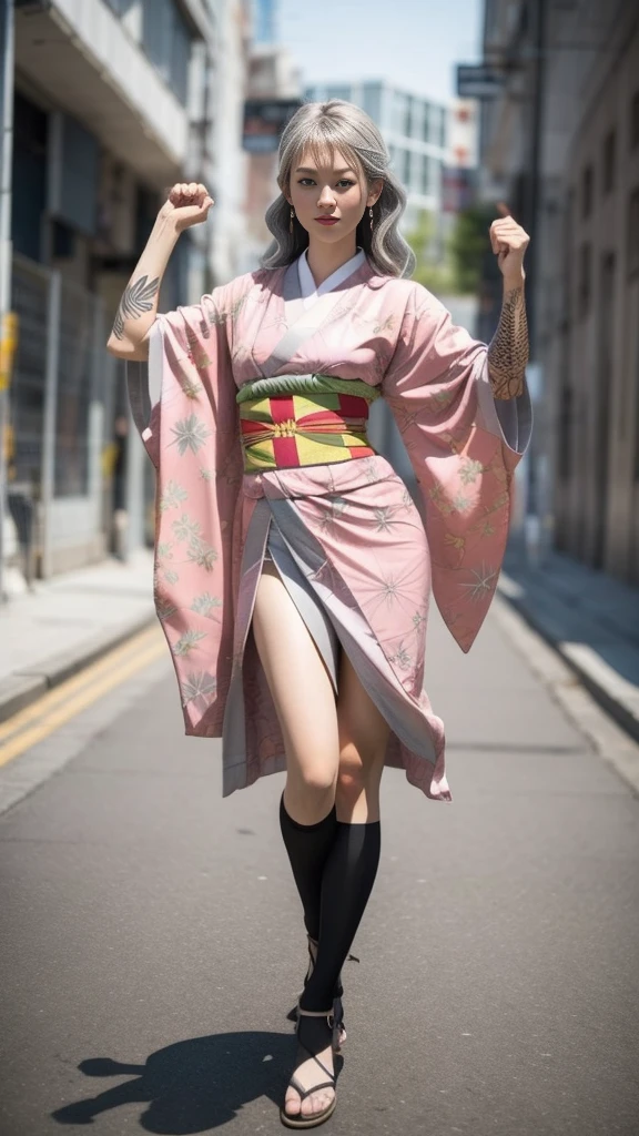 Cute Japanese female, (), (Very cute face), White moist skin, (Pink bright eyes: 1.4), (Full body: 1.4),
BREAK,
(Very beautiful berserker: 1.3), (Fighting pose: 1.3), (Kick: 1.2),
BREAK,
Earrings, Short length, (Black grass tattoo on body: 1.3),
BREAK,
(Cute kimono: 1.2), (Black haori: 1.2), (Crowd),
BREAK,
(Super long hair), (Light gray hair: 1.4), (Gradient hair: 1.3), (Red tips: 1.3),
BREAK,
(Realistic: 1.3), Masterpiece, Perfect lighting, (Ultra high resolution), (8K), (Very detailed: 1.4), (Full body: 1.4), (Symmetrical: 1.2), (One shot), (Kick: 1.2),
BREAK,
(Big Japanese city: 1.2), (crowded),