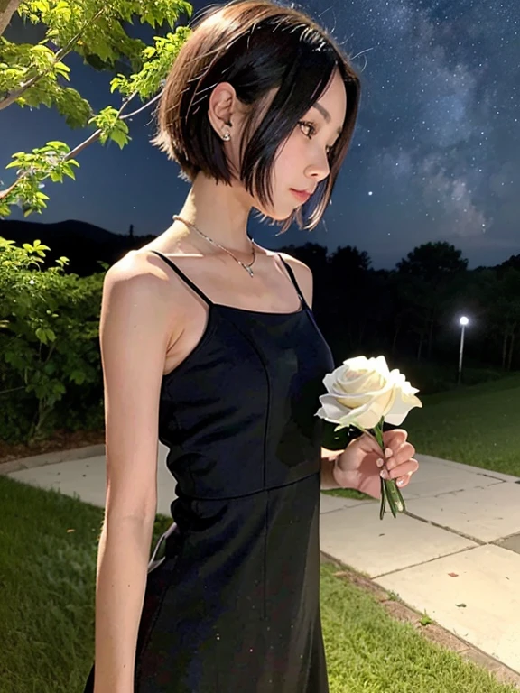 beautiful 16 year old girl, Skinny body, small bust, very short hair, smooth black color, she has a short white dress, bare shoulders, two hands, Profile, Whole body, holding a white rose in her right hand, Perfect face, on a hill at night , few trees, starry sky, very bright stars, look forward, sad