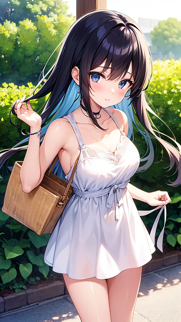 ((Highest quality)), ((masterpiece)), (detailed), , Black Hair,(Childish facLong Hair), Girl, Breasts, topless, eyes)),half-smile ,Sunlight, (close_up) , Thea Shirt, (arched back) , riverbank, flower garden,(See-through shirt),Thea Shirt,