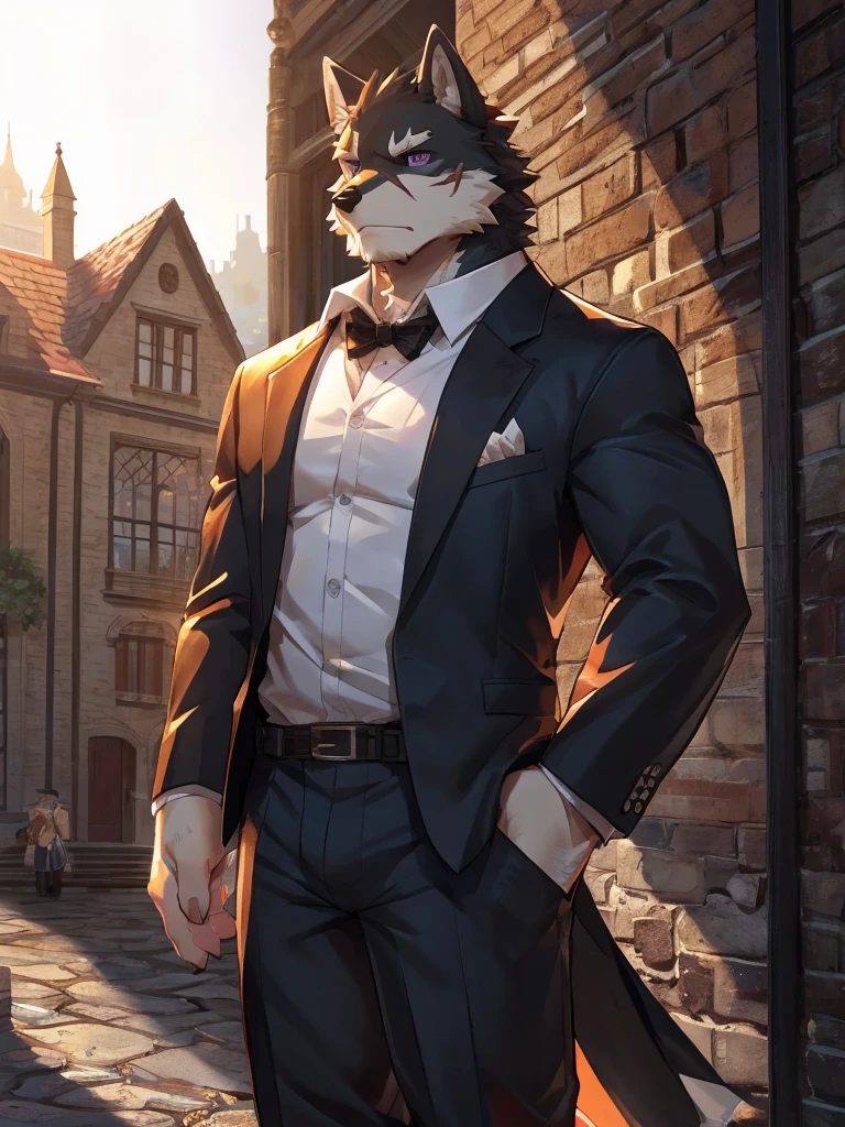 embedding:black wolf, male,purple eyes,Scar on the face, scar on the body,Single person,Smart posture, smart expression,father,Majestic, mob boss.Manor style architecture,Just got off at the gate of the manor.Tall, mature,father,A modern manor,In the courtyard,Gravel road,Serious,Everyday attire,Formal,Handsome, silent,Maturity,The highest quality of scene detail,adult,Tall and powerful,muscle,Exquisite scenes,Best quality hands, best quality eye,detailed fur,Delicate eyes.Extreme picture quality,by sollyz,by zixiong,by milkytiger1145