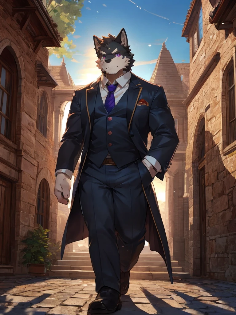embedding:black wolf, male,purple eyes,Scar on the face, scar on the body,Single person,Smart posture, smart expression,father,Majestic, mob boss.Manor style architecture,Just got off at the gate of the manor.Tall, mature,father,A modern manor,In the courtyard,Gravel road,Serious,Everyday attire,Formal,Handsome, silent,Maturity,The highest quality of scene detail,adult,Tall and powerful,muscle,Exquisite scenes,Best quality hands, best quality eye,detailed fur,Delicate eyes.Extreme picture quality,by sollyz,by zixiong,by milkytiger1145
