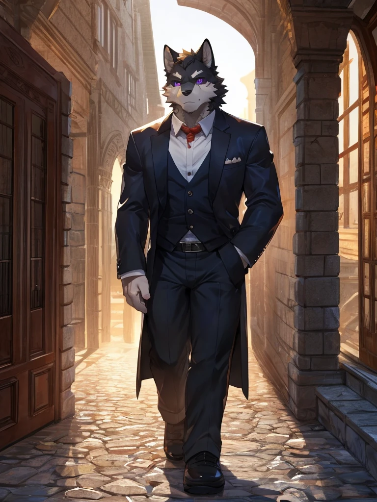embedding:black wolf, male,purple eyes,Scar on the face, scar on the body,Single person,Smart posture, smart expression,father,Majestic, mob boss.Manor style architecture,Just got off at the gate of the manor.Tall, mature,father，A modern manor,In the courtyard,Gravel road,Serious,Everyday attire,Formal,Handsome, silent,Maturity,The highest quality of scene detail,adult,Tall and powerful,muscle，Exquisite scenes,Best quality hands, best quality eye，detailed fur，Delicate eyes.Extreme picture quality，by sollyz,by zixiong,by milkytiger1145