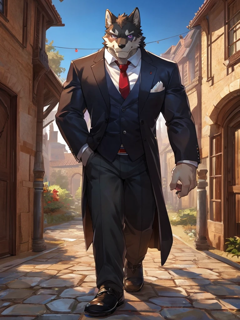 embedding:black wolf, male,purple eyes,Scar on the face, scar on the body,Single person,Smart posture, smart expression,father,Majestic, mob boss.Manor style architecture,Just got off at the gate of the manor.Tall, mature,father,A modern manor,In the courtyard,Gravel road,Serious,Everyday attire,Formal,Handsome, silent,Maturity,The highest quality of scene detail,adult,Tall and powerful,muscle,Exquisite scenes,Best quality hands, best quality eye,detailed fur,Delicate eyes.Extreme picture quality,by sollyz,by zixiong,by milkytiger1145