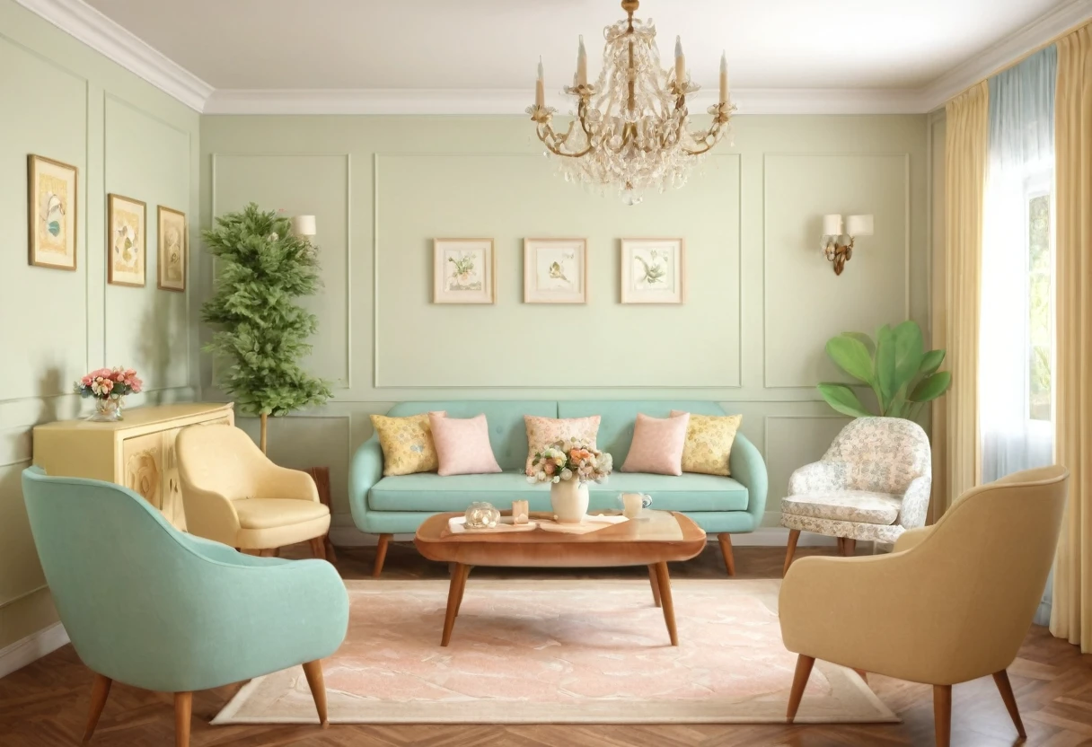 photo of Retro luxury simple living room interior style Using furniture and decoration from previous decades, usually the 50s, 60s, 70s. Color: Bright colors, unique patterns, pastel colors. UHD, 8K, super highly detailed, Ultra super HD, Ultra sharpen image