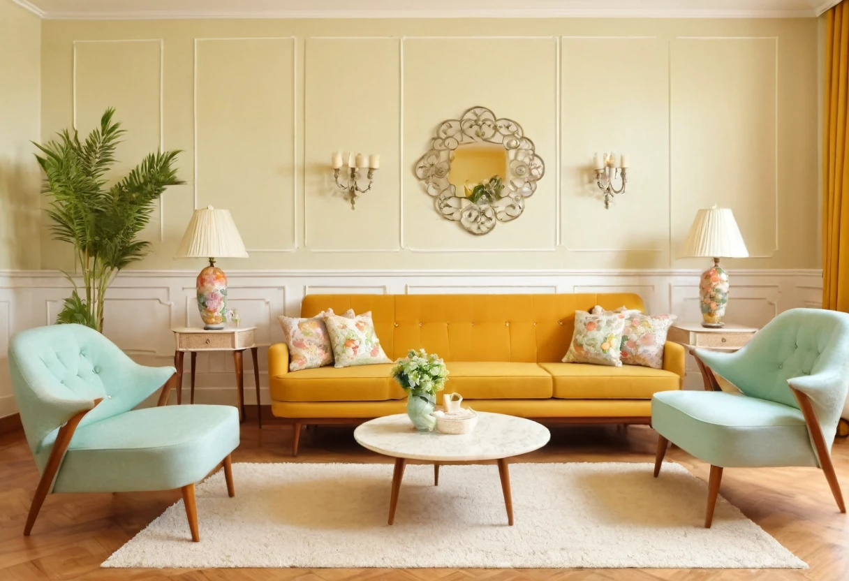 photo of Retro luxury simple living room interior style Using furniture and decoration from previous decades, usually the 50s, 60s, 70s. Color: Bright colors, unique patterns, pastel colors. UHD, 8K, super highly detailed, Ultra super HD, Ultra sharpen image
