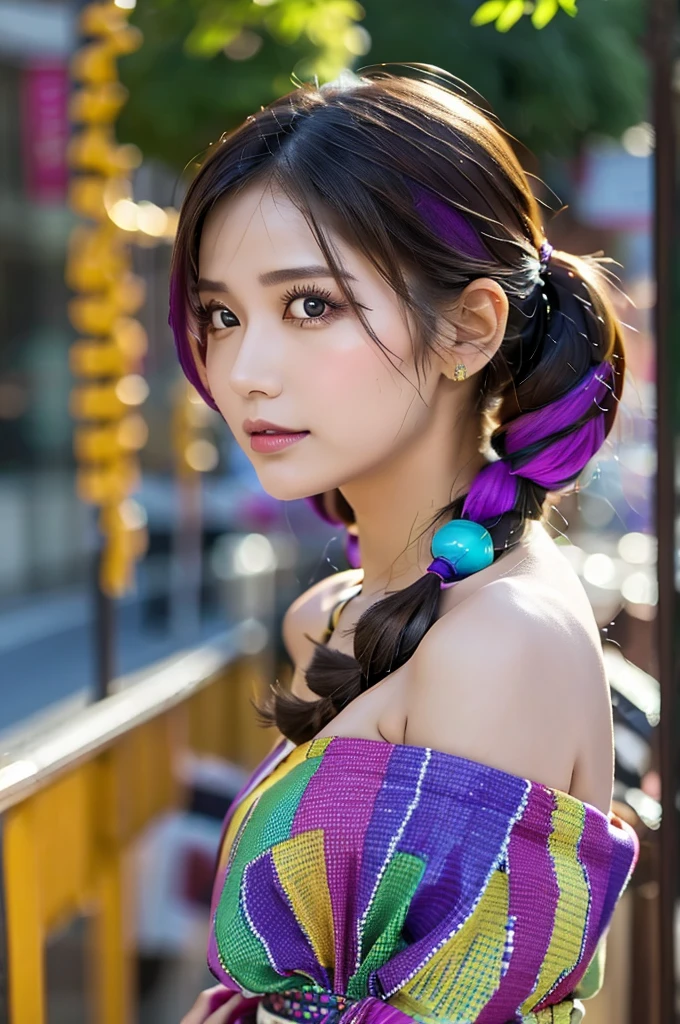 high quality, High resolution, masterpiece, completion, detailed.impressive, Cutting-edge female photography portraits, Showcasing a bold and daring street-art style. Facing forward、beautiful woman、The way you look at the person you love、A dreamy look、(upper body)、cyan, and purple, Her vibrant makeup really catches the eye.. Her colorful hair is tied up high, Blue and pink hues in harmony. 背景には蛍光クロムイエローand purpleの魅惑的なグラデーションが施されています, Blends seamlessly with the dynamic colors of your subject. This powerful combination of hyper-detailed realism and artistic expression creates a vivid,