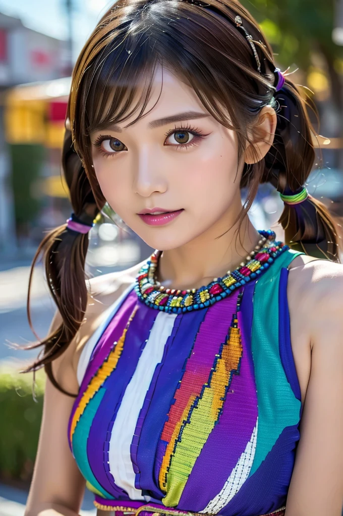 (Absurd, High resolution, Super detailed), (One girl:1.3), Twin tails, Purple Hair, break , Glitch Art, Digital Distortion, Pixelated Fragments, Data Corruption, Colorful Noise, Visual clutter, contemporary aesthetics break , Enamel Art, Glass-like surface, Vibrant colors, Glossy finish, Reflective Texture, Richly pigmented, fluid forms break , Ethnic Style, Traditional attire, Vivid patterns, Handmade textiles, Cultural motifs, Beaded Jewelry, Artisan handmade accessories