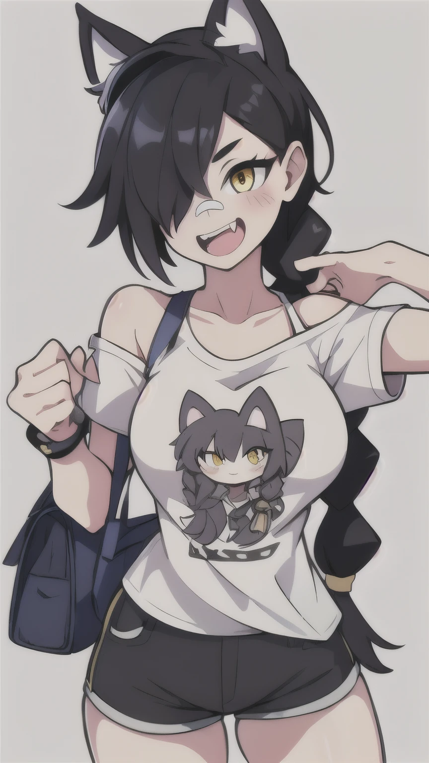 1girl, solo, long hair, looking at viewer, black hair, bandaid on face, yellow eyes, animal ears, smile, bandaid on nose, braid, cat ears, bandaid, bangs, breasts, fake animal ears, simple background, open mouth, fang, bare shoulders, scar, teeth, shirt, bare shoulders, white shirt, short sleeves, closed mouth, t-shirt, hair over one eye, portrait, bag, hair over shoulder, shorts, fullbody shot, cute, messy hair
