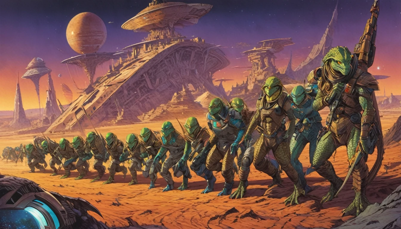 sci-fi artwork, beautiful lighting, hires scan, highly detailed illustration of (five Atlantean reptilian warriors in a row with a starship in the background:1.2), reptil features, green skin, yellow eyes, evil, from (Heavy Metal Magazine), on a complex alien planet with ancient alien structures and hieroglyphic projects, [bold|bright] colors, high quality, dynamic composition, linear, foot prints in soil, establishing shot, Nasa punk \(genre\), panoramic, (full body:0.9), (by Clyde Caldwelland Moebius:1.1)