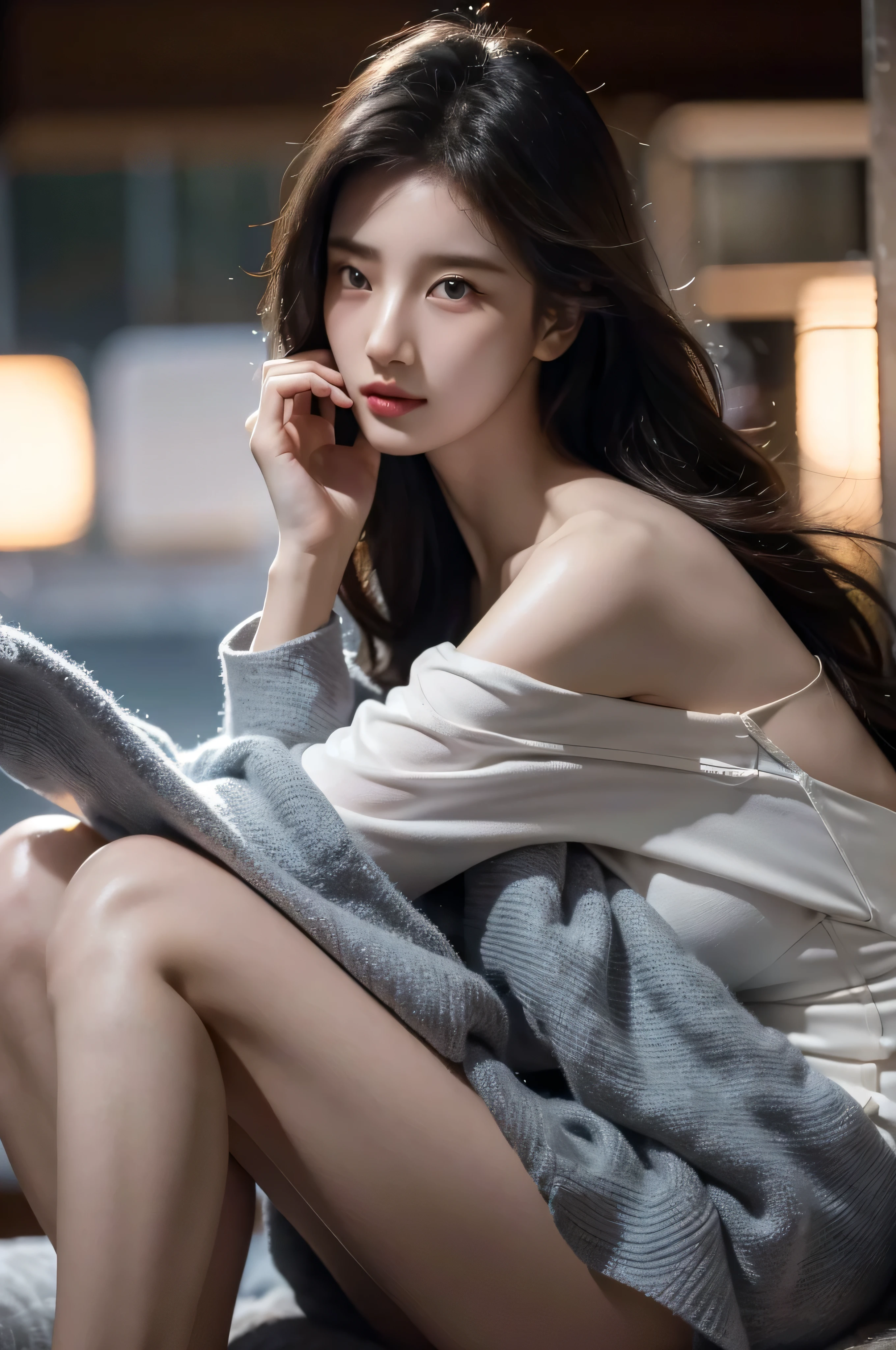 8k, masterpiece, RAW photos, best quality, realistic, extremely detailed CG unity 8k wallpaper, depth of field, Cinematic Light, lens flare, ray tracing, (very beautiful face, beautiful lips, beautiful eyes), A face with intricate details, ((highly detailed skin)), best quality, masterpiece, ultra high resolution, (realistic photo:1.5), Original image, luxury long dress, 1 woman, Off shoulder, in the dark, deep shadow, low song, cold light, sexy look, long gray hair,cafe,pretty,rim light,Swirling hair, medium shot, big bust. Small head