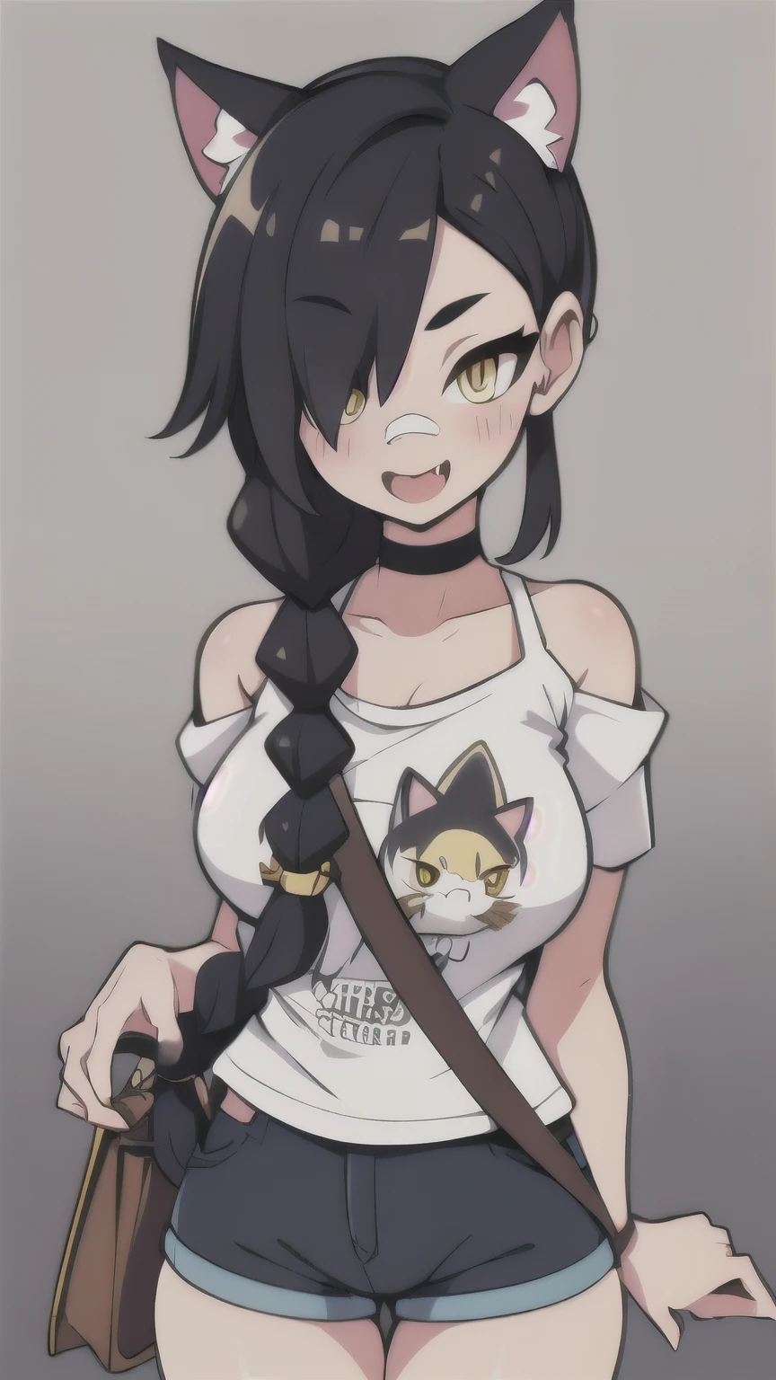1girl, solo, long hair, looking at viewer, black hair, bandaid on face, yellow eyes, animal ears, smile, bandaid on nose, braid, cat ears, bandaid, bangs, breasts, fake animal ears, simple background, open mouth, fang, bare shoulders, scar, teeth, shirt, bare shoulders, white shirt, short sleeves, closed mouth, t-shirt, hair over one eye, portrait, bag, hair over shoulder, shorts, fullbody shot, cute, messy hair