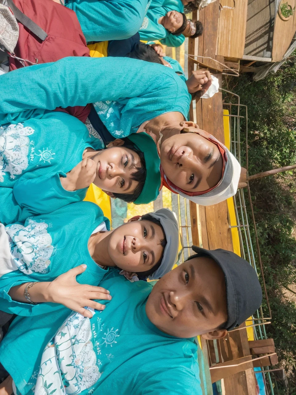 Portrait of a small Indonesian family, Dad wears a blue shirt, mother wears a hijab, two boys aged 5 years and  wearing hats, vacation in the forest, in front of the tent, realistic, 4k