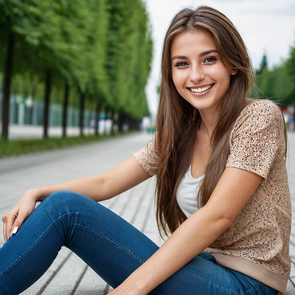 Extreme Beautiful woman from austria, realistic eyes, hyperrealistic face, slim face, long brown hair, 25 years old, sitting, legs, model posing, special camera angle, sexy clothes, smiling, medium breasts, outside