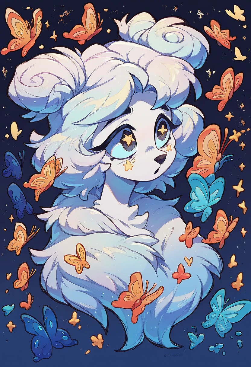 Oil painting brush strokes，Oil painting texture：Cartoon Girl Portrait，Starry Eyes，White fluffy hair，Butterflies in the sky，Luminescence，blue，Phosphor，Dark solid background