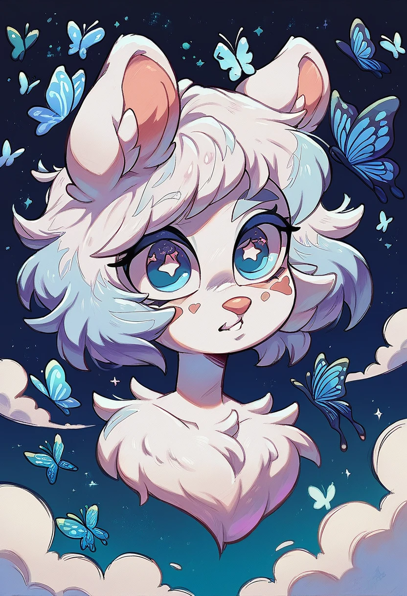 Oil painting brush strokes，Oil painting texture：Cartoon Girl Portrait，Starry Eyes，White fluffy hair，Butterflies in the sky，Luminescence，blue，Phosphor，Dark solid background