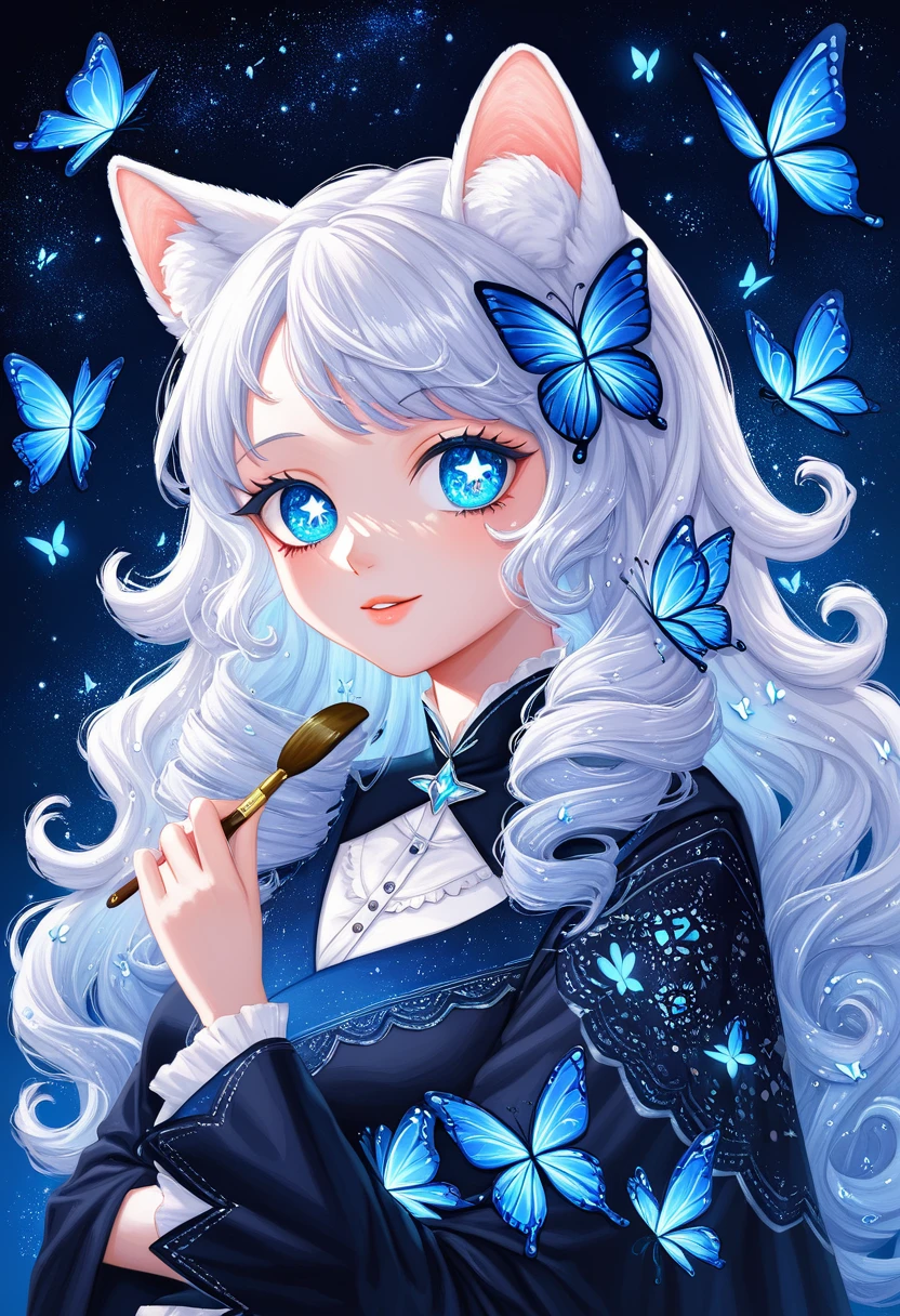 Oil painting brush strokes，Oil painting texture：Cartoon Girl Portrait，Starry Eyes，White fluffy hair，Butterflies in the sky，Luminescence，blue，Phosphor，Dark solid background