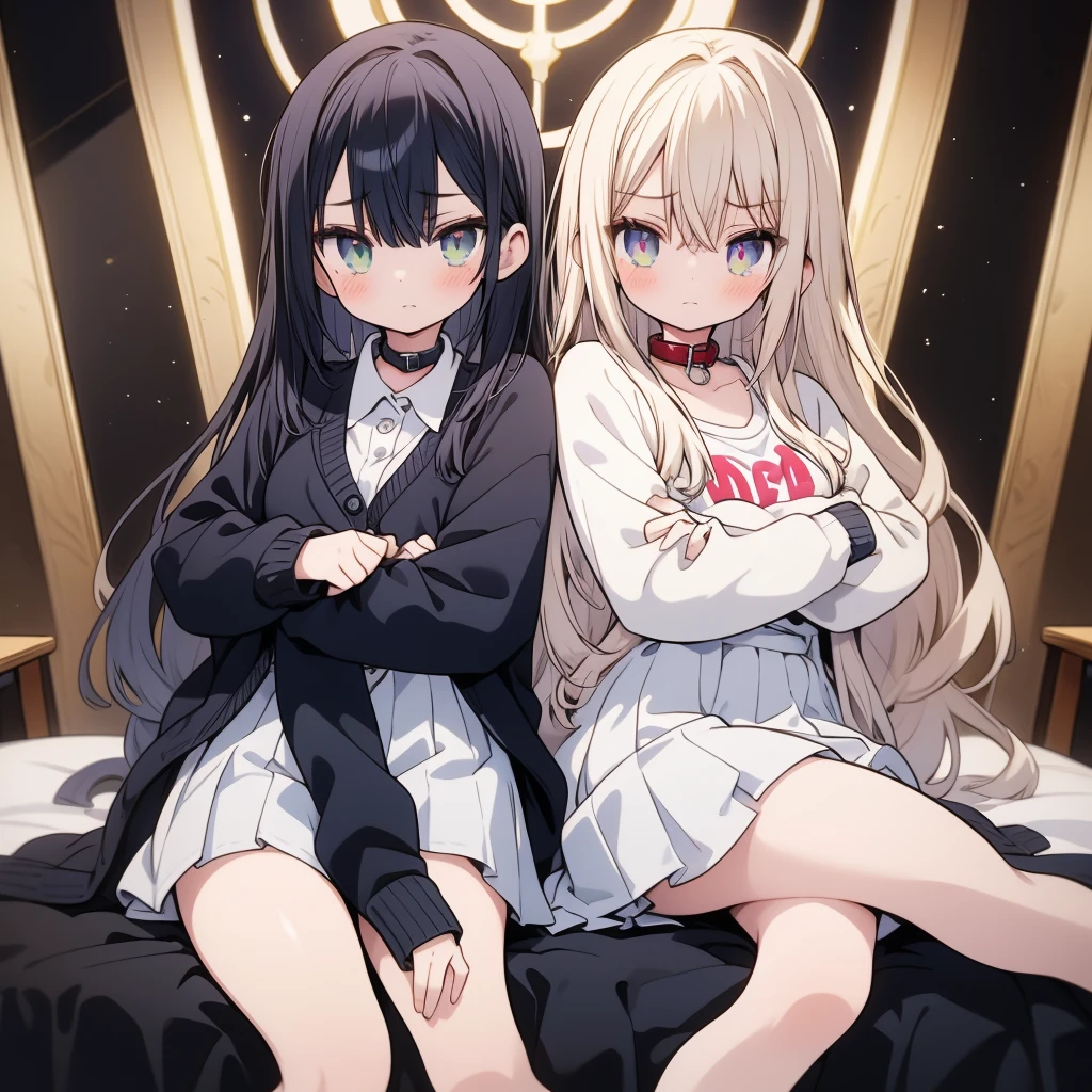 masterpiece, Best Quality, official art, professional art, High resolution, Lens flare, (Vibrant_Color:1.2, 1 girl), Chico, [detailed eyes], frown, White shirt, pleated skirt , open clothing, collar shirt, white thighs, cardigan, green skirt, Black cardigan, looking at the viewer, Sitting on the bed, crossed legs, from below, Crossed arms, posed sexy, flirtatious, thick thighs, sexy