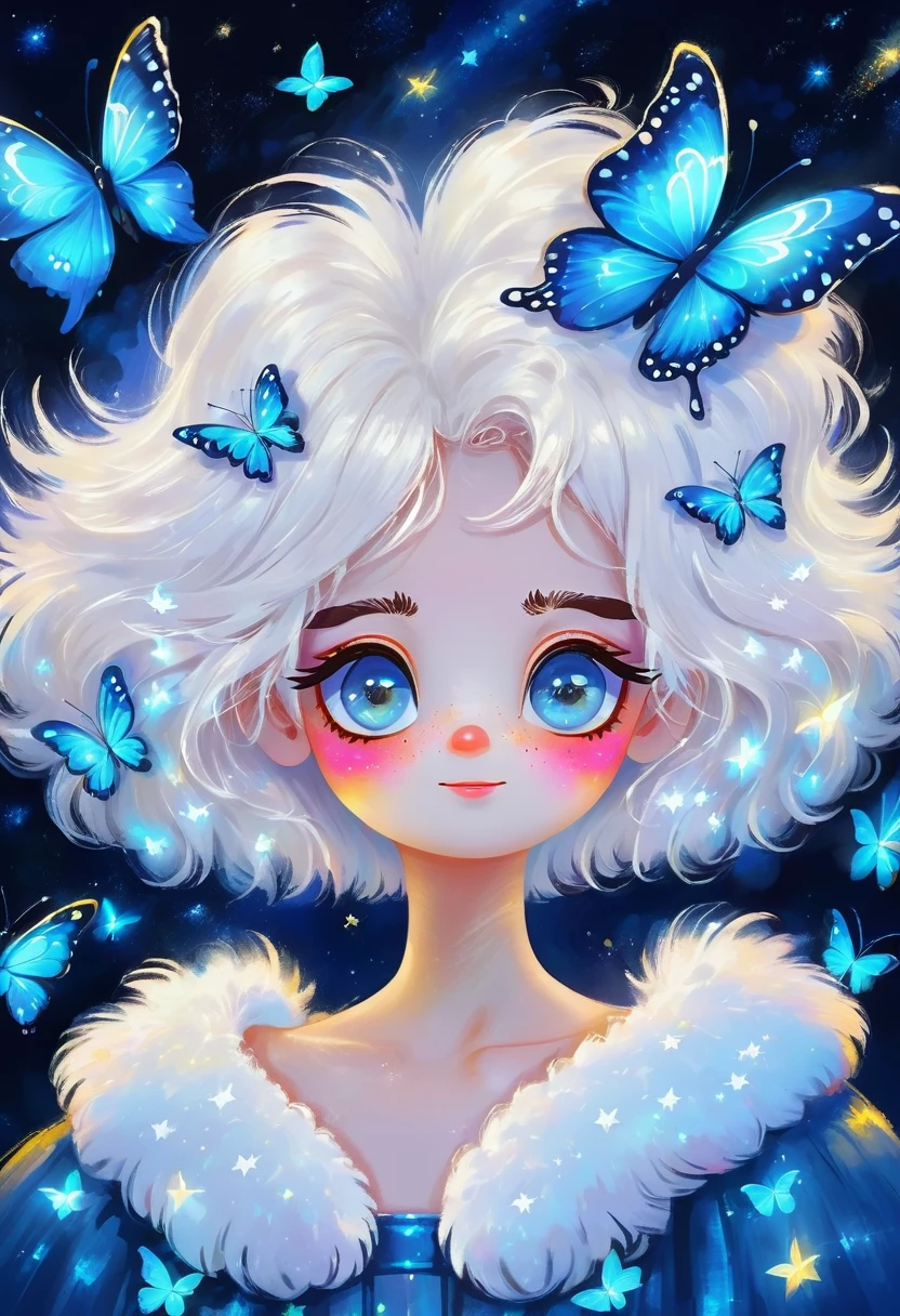Oil painting brush strokes,Oil painting texture:Cartoon Girl Portrait,Starry Eyes,White fluffy hair,Butterflies in the sky,Luminescence,blue,Phosphor,Dark solid background