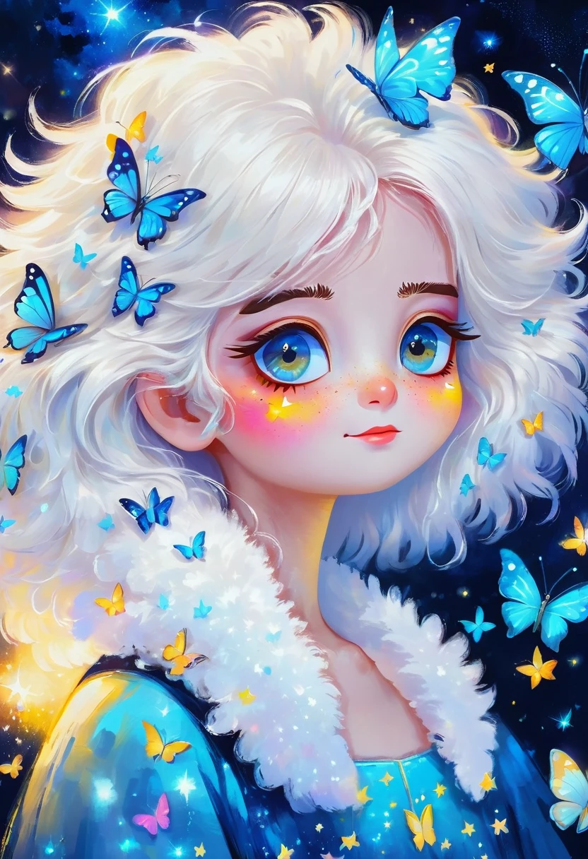 Oil painting brush strokes，Oil painting texture：Cartoon Girl Portrait，Starry Eyes，White fluffy hair，Butterflies in the sky，Luminescence，blue，Phosphor，Dark solid background