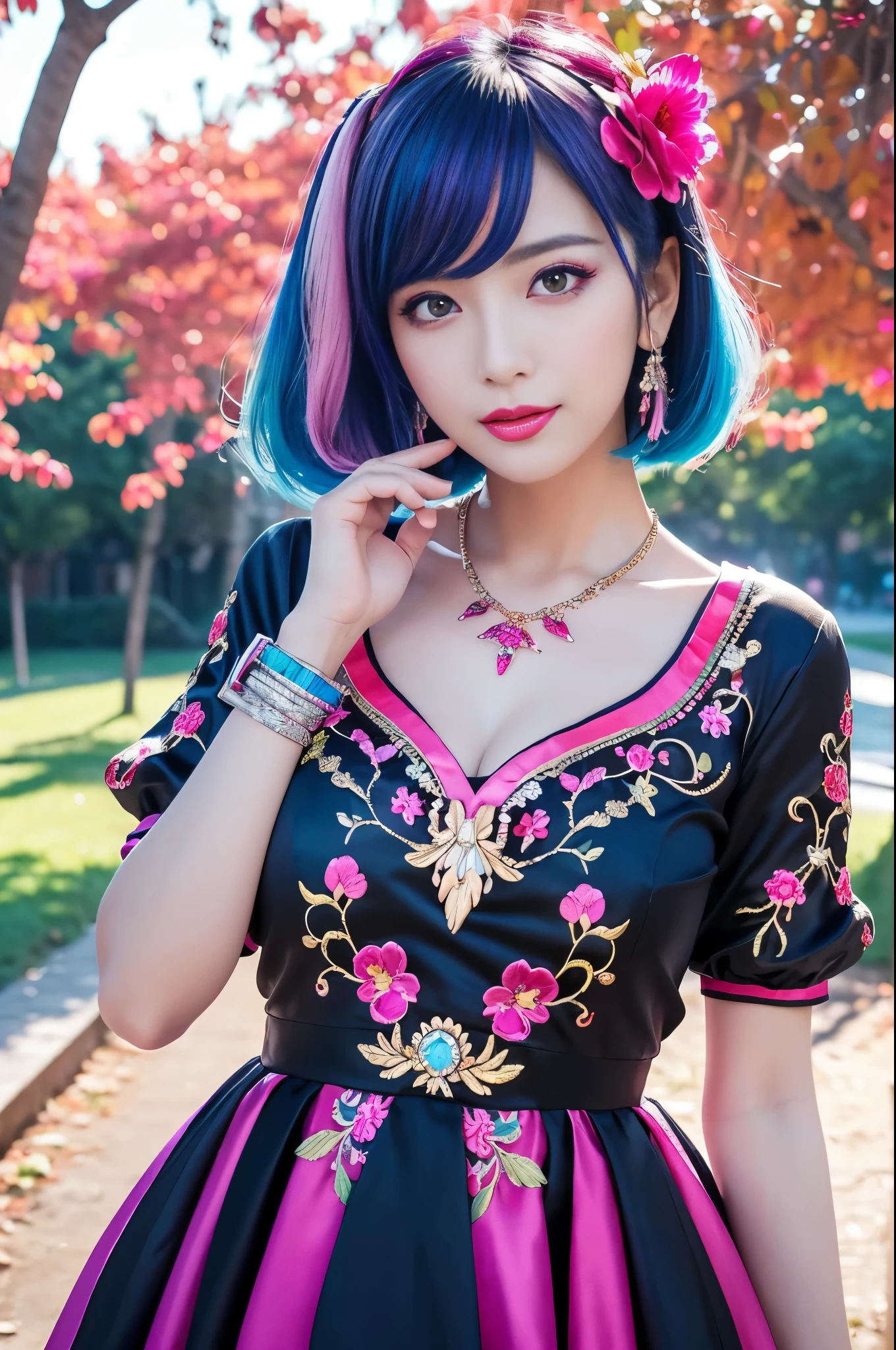 (masterpiece:1.4), (best quality:1.4), ultra high res, ultra high resolution, ((detailed facial features)), HDR, (realistic, photorealistic, photo-realistic:1.37), full body Esbian, sexy swedish model, (-anime), only 1 model, vivid colors, ((vivid colors multicolor (fuchsia, pink, light blue, purple) very short hair)), (seductive smile), lip-gloss, long lashes, defined eyebrows, wearing large sparkling colorful jewelery, wearing a red silk Paradise Kiss cosplay dress with black floral embroidery, ((vivid colors outfit)), vivid colors, look at the camera, cinematic light, large park background with trees, sweet and sexy pose