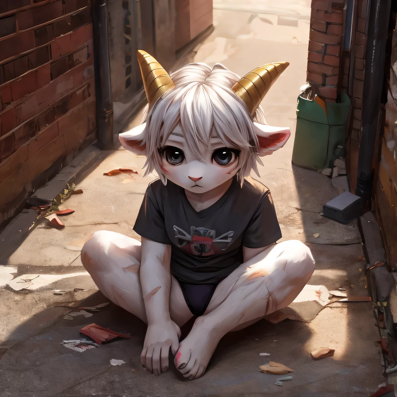 Cinematic, Solo, White female goat, soft fur, wearing a grey t-shirt and panties, furry, white body, with golden horns, lost look, tired expression, dirty and torn clothes, sitting on the ground, next to an alley, extremely detailed, beautiful and detailed dilated eyes, black eyes, full body, with a body full of scars, high-angle, five fingers, chibi