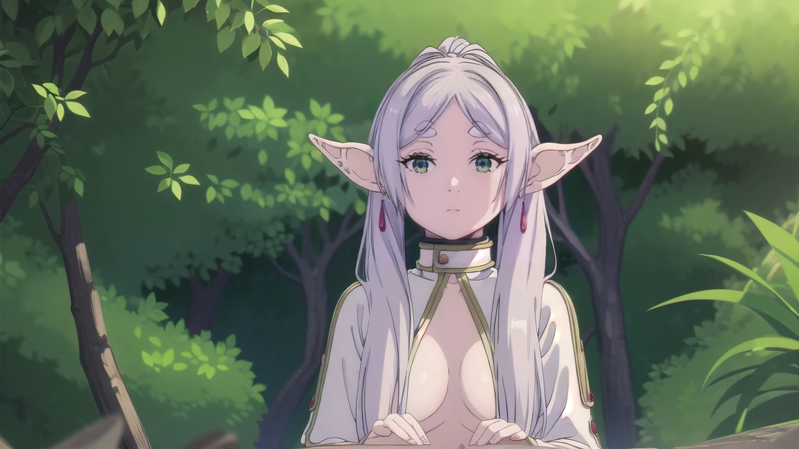 to freeze, to freeze, long hair, ponytail, (green eyes:1.5), White hair, pointed ears, elf, very feminine, shows bare chest, naked грудь, very sexy, naked грудь, naked, elastic, nude грудь, full length (full body 1.1.), nude, very sexy, naked, sex pose, nude, sex pose, Close-up, shirt, long sleeves, Jewelry, tights, earrings, striped, black tights, bait, striped shirt, looking at viewer, whole body, sky, nature, (masterpiece:1.2), Best quality, a high resolution, unity 8k wallpaper, (illustration:0.8), (beautiful detailed eyes:1.6), very detailed face, perfect lighting, extremely detailed computer graphics, (perfect hands, Ideal Anatomy),