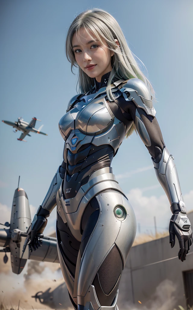 8K， Best quality， masterpiece， Ultra-high resolution， （Reality： 1.4），Girls send future combat suits，Green pupils，Air battle scene background，Crashed plane，Flying anti-aircraft flame robot bird，Real women，cleveage，serious，cute female ，Smile，Perfect girl，Beautiful woman ，beautiful girl，Silver hair，Robot，CG，