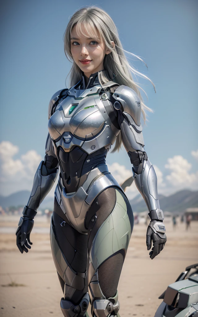 8K， Best quality， masterpiece， Ultra-high resolution， （Reality： 1.4），Girls send future combat suits，Green pupils，Air battle scene background，Crashed plane，Flying anti-aircraft flame robot bird，Real women，cleveage，serious，cute female ，Smile，Perfect girl，Beautiful woman ，beautiful girl，Silver hair，Robot，CG，