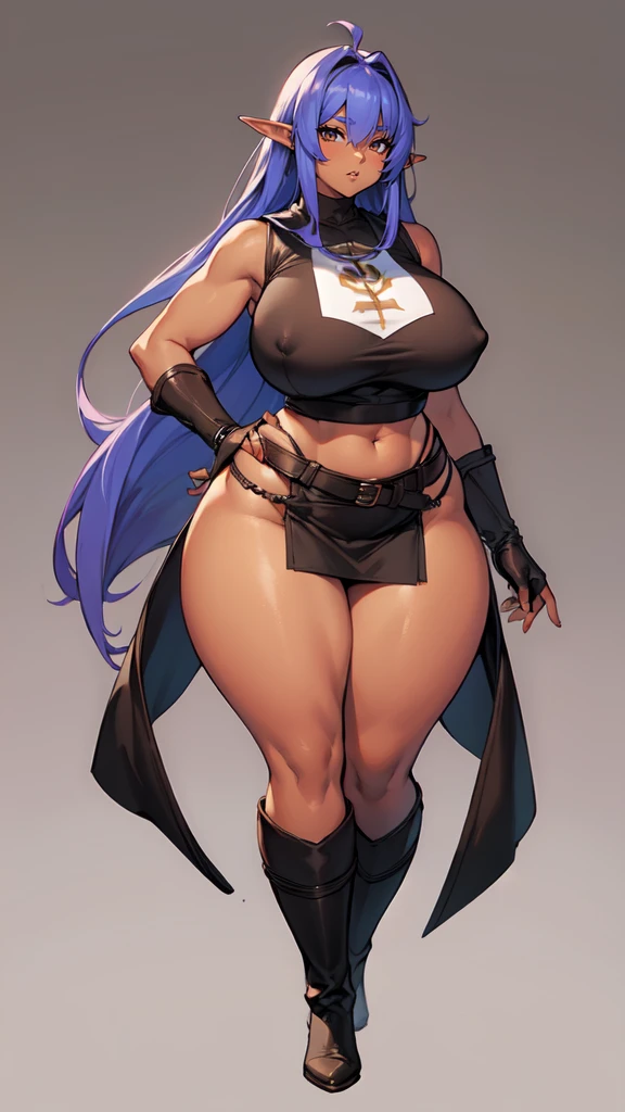 ((blank background)), (((full body))), masterpiece, best quality, thief girl, ((huge girl)), (random hair color), (wide hips:1.4), (thick thighs:1.3), ((dark skin)), ((short brown skirt)), ((long legs)), female muscular:0.8, (curvy:1.4), standing, sleeveless, fingerless gloves, leather armor, ((hime cut)), ((symmetry)), ((long boots)), belt under navel, elf ears, covered nipples