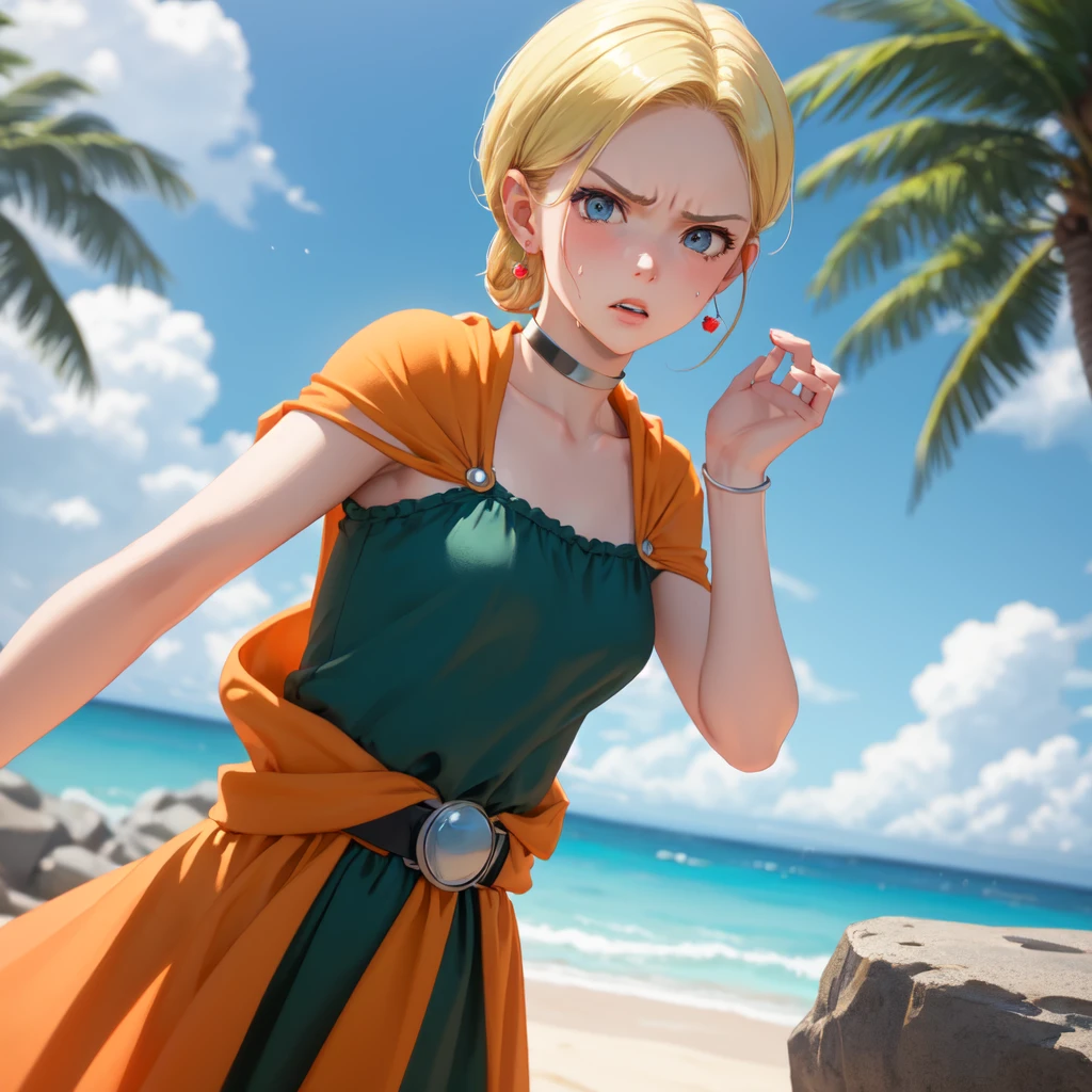 masterpiece, Highest quality, DQ Bianca, 1 person, Single Blade, Earrings, choker, Orange Cape, Green Dress, belt, Small breasts, 1 personで, Upper Body, hot, Sweating a lot, looking at the camera, Ocean, beach, Rock Shade, Kiss pose, angry