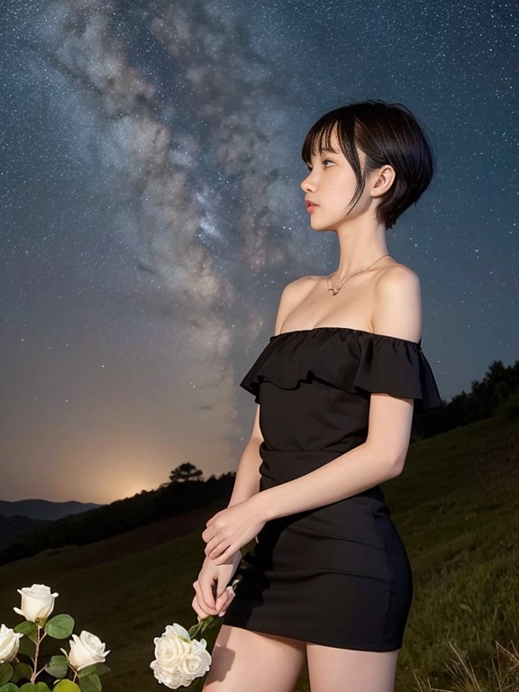 beautiful 16 year old girl, Skinny body, small bust, very short hair, smooth black color, has a short off shoulder dress, two hands, Profile, Whole body, holding a white rose in her right hand, Perfect face, on a hill at night , few trees, starry sky, very bright stars, look forward, sad