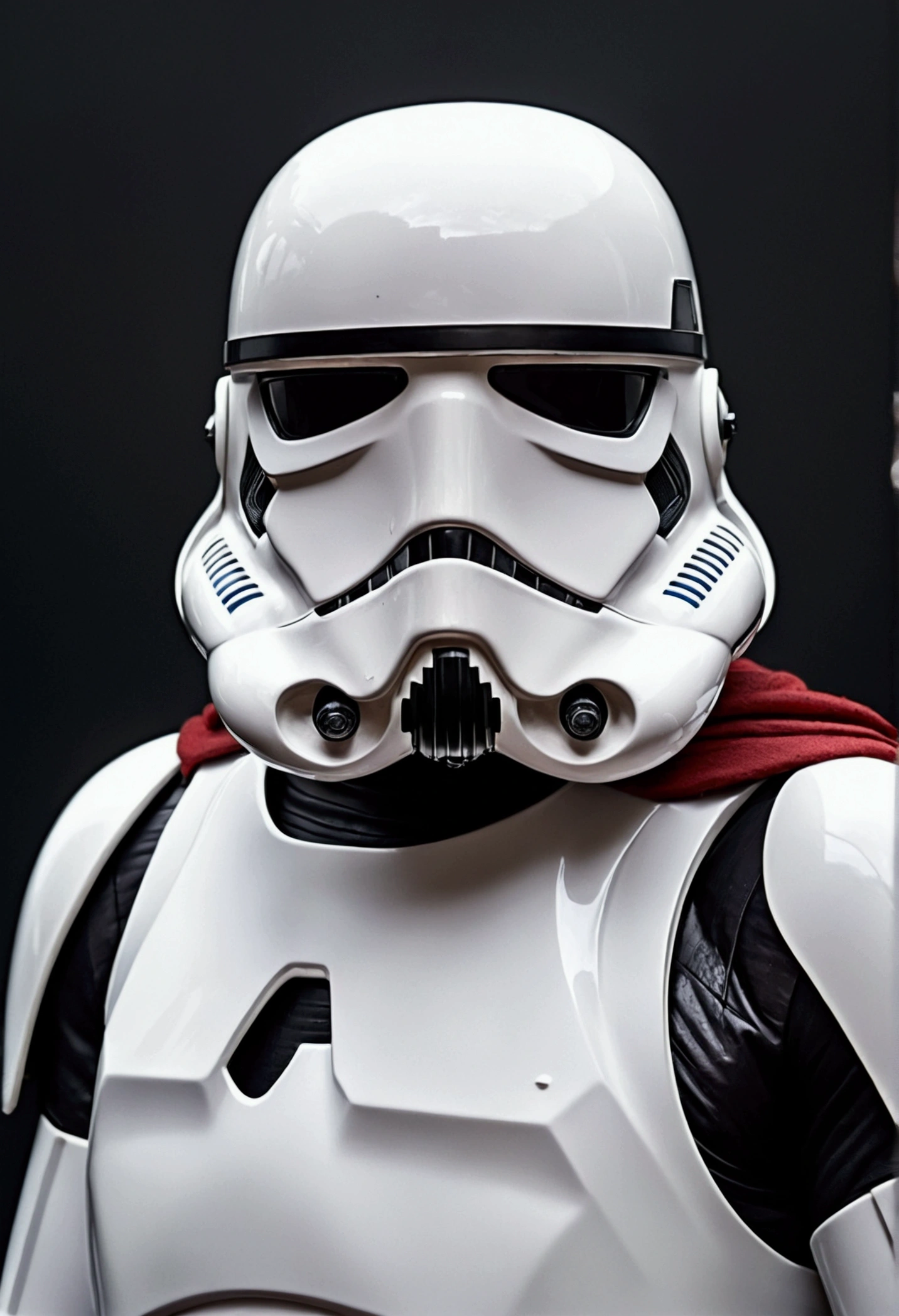 A First Order stormtrooper. Her gleaming red armor is a strange version of ordinary stormtrooper armor, but the bloodthirsty violence of the color exerts a bloody threat. He wears a cape slung over one shoulder. Sweaty blue-black hair, cut short. A man of relatively young appearance. He may be in his forties, although the lines of his face and the distance in his dark brown eyes suggest that he has already lived a lifetime. His skin is golden, with freckles and darker spots that speak of years of sunburn. Expression lines line the corners of his eyes and lips, but now he's not smiling.