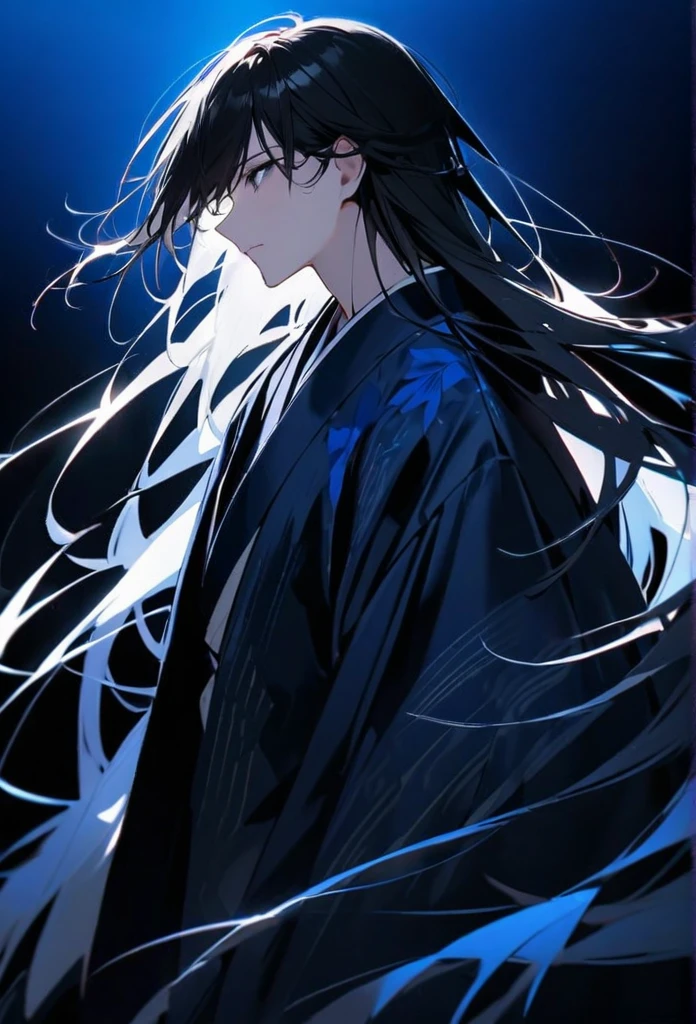 Japanese。male。Sharp black Eye。Very long black hair。profile。Plain blue kimono(Dressed in kimono)。A strong wind blows my hair back。Cover your eyes with hair。The background is blue light。前に進む。