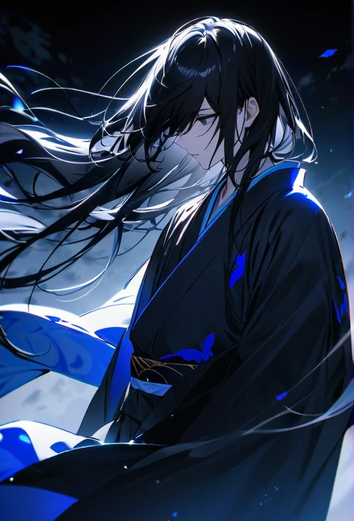 Japanese。male。Sharp black Eye。Very long black hair。profile。Plain blue kimono(Dressed in kimono)。A strong wind blows my hair back。Cover your eyes with hair。The background is blue light。前に進む。