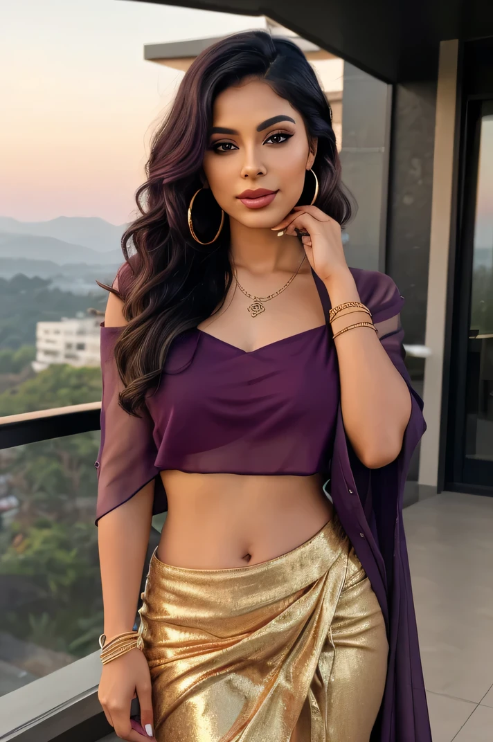 Create an ultra-realistic image of a modern, attractive female influencer of Indian descent, aged between 27 to 30. She should have a warm and inviting smile, expressive almond-shaped eyes with a slight shimmer, and clear, glowing skin with a medium brown complexion. Her features should be well-defined, with high cheekbones and a sharp jawline. Her hair should be long, thick, and wavy, with a natural shine and bounce, styled in loose waves, and colored a deep, reddish-purple hue that’s bold yet sophisticated. She should have a slender yet athletic build, reflecting a healthy and active lifestyle. She is wearing a magenta chiffon saree paired with a golden backless blouse, highlighting her toned figure. Her bust size should be medium (44-46 inches) for a balanced and proportionate look, with slightly bigger . Her outfit is completed with stylish black heeled sandals that add elegance to her look. She accessorizes with subtle yet chic jewelry, such as small hoop earrings and a few thin bangles. The background should depict a sunset over rolling hills with a golden glow, adding a serene and picturesque element to the scene. Her overall appearance should exude confidence, approachability, and sophistication, capturing the essence of a contemporary Indian fashion influencer.