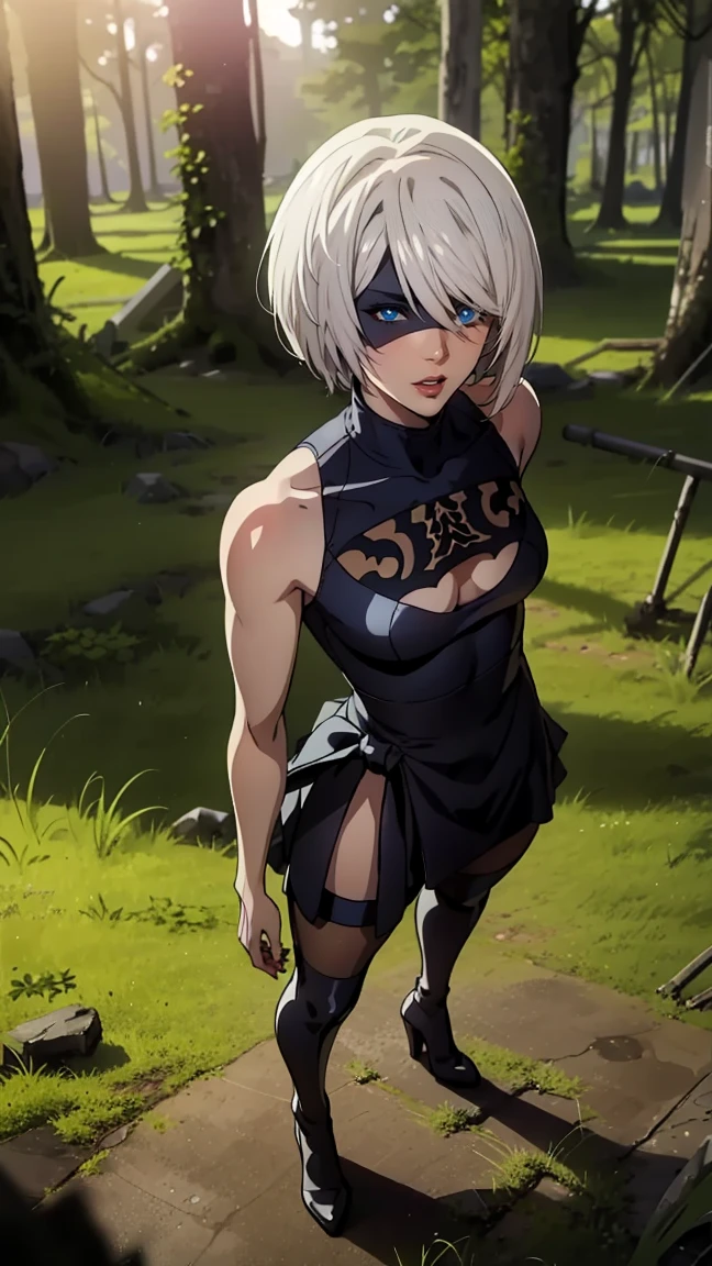 portrait of a girl, лицо близко to the camera, face close up, (((лежит on the back, the viewer looks at her from above))), POV view from above, view above it, embarrassed, (((Shows off the chest))), on the back, (very detailed eyes, pupils, Lips 1.1), blindfold, gloomy composition, gloomy background, the forest, ruins covered with moss, Tall trees, nature, the lights of a sun, very detailed. very detailed eyes, grey-blue eyes, beautiful figure, Ruin, ruined city, very detailed eyes, beautiful figure, Lucy from the anime series 1 girl, facing the viewer, beautiful figure (Correct anatomy 1.1.), full length (Full body 1.1), slim, A slim body, A slim body, slender legs, anime style, White hair, White hair, that disappear at the ends, Bob hairstyle, Cutouts on the shoulders, Cutouts on the chest, Neckline at the waist, black stockings, Black short skirt, white panties, very detailed face, Very beautiful face, very sexy, full length (Full body 1.1), маленькая elastic грудь, small ass, Красивая A slim body, Small buttocks, world, Femininity,chedevr,Best quality,very detailed,Visible to your feet, permission 8k, High sharpness, permission 8k, very detailed, 8k contract, professional lighting, photon mapping,physical rendering, perfect face, Detailed face and body, Ray tracing, expressive look, Cinmatic worlding,elastic , Increased sexuality,