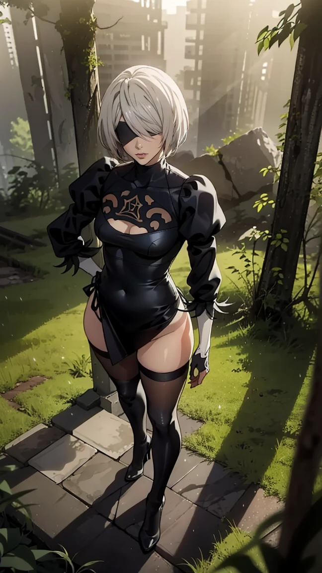 portrait of a girl, лицо близко to the camera, face close up, (((лежит on the back, the viewer looks at her from above))), POV view from above, view above it, embarrassed, (((Shows off the chest))), on the back, (very detailed eyes, pupils, Lips 1.1), blindfold, gloomy composition, gloomy background, the forest, ruins covered with moss, Tall trees, nature, the lights of a sun, very detailed. very detailed eyes, grey-blue eyes, beautiful figure, Ruin, ruined city, very detailed eyes, beautiful figure, Lucy from the anime series 1 girl, facing the viewer, beautiful figure (Correct anatomy 1.1.), full length (Full body 1.1), slim, A slim body, A slim body, slender legs, anime style, White hair, White hair, that disappear at the ends, Bob hairstyle, Cutouts on the shoulders, Cutouts on the chest, Neckline at the waist, black stockings, Black short skirt, white panties, very detailed face, Very beautiful face, very sexy, full length (Full body 1.1), маленькая elastic грудь, small ass, Красивая A slim body, Small buttocks, world, Femininity,chedevr,Best quality,very detailed,Visible to your feet, permission 8k, High sharpness, permission 8k, very detailed, 8k contract, professional lighting, photon mapping,physical rendering, perfect face, Detailed face and body, Ray tracing, expressive look, Cinmatic worlding,elastic , Increased sexuality,