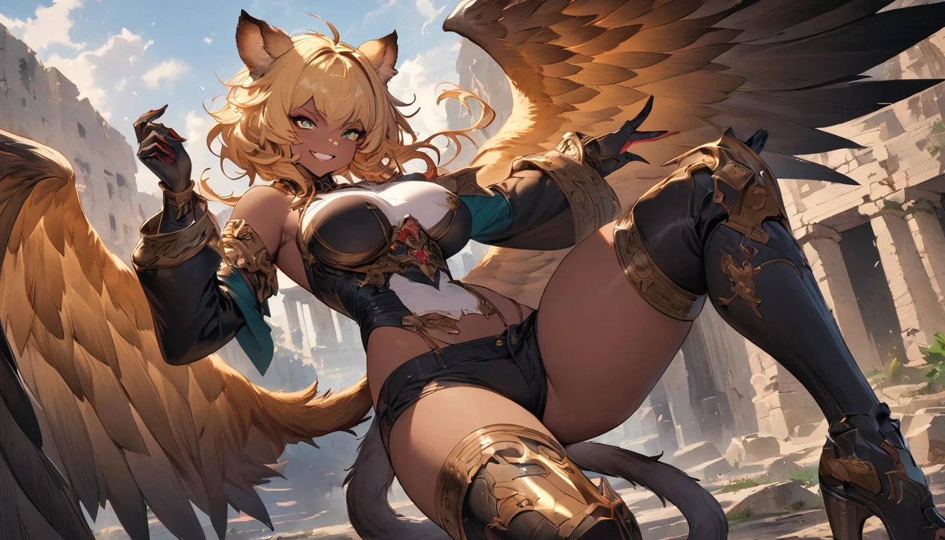 best quality,4k,8k,highres,masterpiece:1.2),ultra-detailed, extremely detailed eyes, extremely detailed body, (large masterpiece digital art), (detailed manga illustration), (detailed line art), ((perfect anatomy)), (intricate details:1.3), (ultra-detailed:1.3), (illustration:1.3), (sharp focus:1.3), (natural lighting:1.05), (vivid colors:1.3), (masterpiece), (best quality:1.4), (perfect anatomy:1.4), high quality, expressive eyes, full body, detailed face, beautiful face, perfect face, 1 girl, tall girl, ((blonde hair)), (red hair), multicolored hair, two-toned hair, ((dark skin)), (((dark skinned female))), griffon, large breasts, thick thighs, very long hair, bare shoulders, denim, (short shorts), dynamic pose, silver jewelry, choker, animal ears, (lion ears), (lion tail), thigh-highs, ((animal ears)), skin dentation, curvy, monster girl, heterochromia, (orange eye), (icy blue eye), ((wings)), feathered wings, black feathers, green glowing feathers, thigh gap, (white shirt), black leather jacket, thigh boots, dynamic lighting, cinematic lighting, smiling, ((Greek ruins background)), Atey Ghailan, Jeremy Mann, Greg Manchess, Antonio Moro, trend in ArtStation, trend in CGSociety, Intricate, High Detail, Sharp focus, dramatic and photorealistic painting art by Midjourney and Greg Rutkowski, Jeff Bridges, ((cartoon style)), Marvel Cinematic Universe style