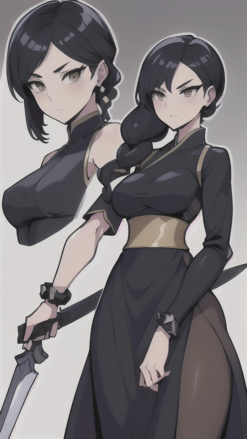 a drawing of a woman in a black outfit holding a sword, inspired by Kusumi Morikage, inspired by Kanō Hōgai, inspired by Kano Sanraku, inspired by Kawabata Ryūshi, Female Samurai, Japanese anime style, anime style character