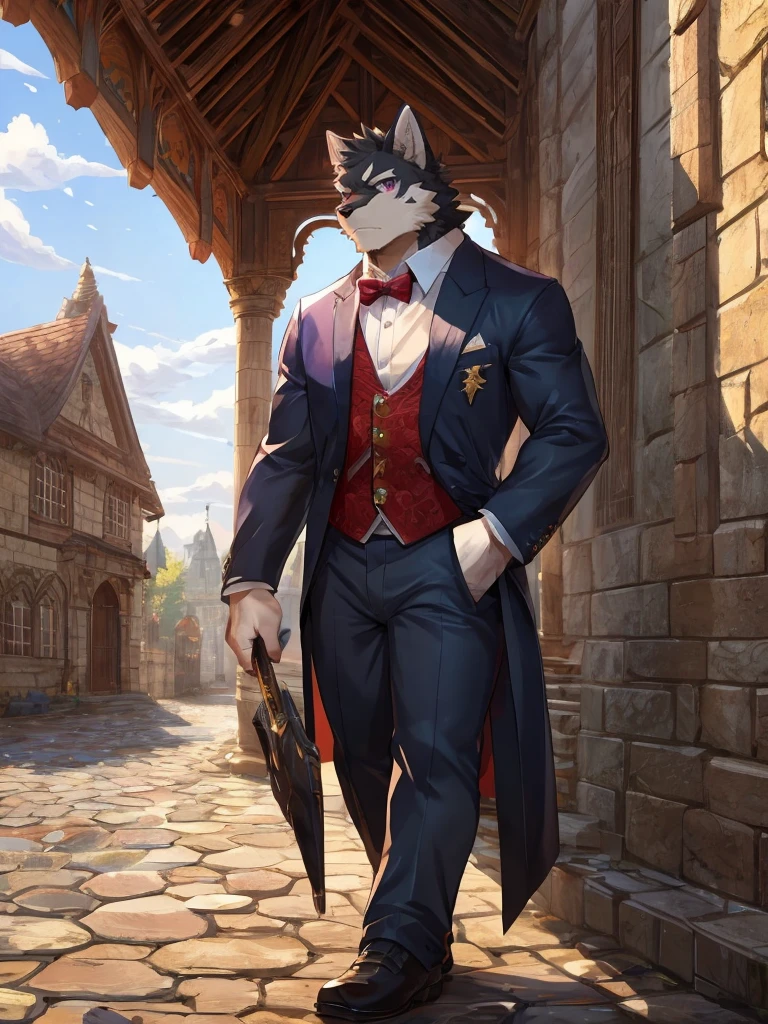 embedding:black wolf, male,purple eyes,Scar on the face, scar on the body,Single person,Smart posture, smart expression,father,Majestic, Manor style architecture,Just got off at the gate of the manor.Tall, mature,father,A modern manor,In the courtyard,Gravel road,Serious,Everyday attire,Formal,Handsome, silent,Maturity,The highest quality of scene detail,adult,Tall and powerful,muscle,Exquisite scenes,Best quality hands, best quality eye,detailed fur,Delicate eyes.Extreme picture quality,by sollyz,by zixiong,by milkytiger1145