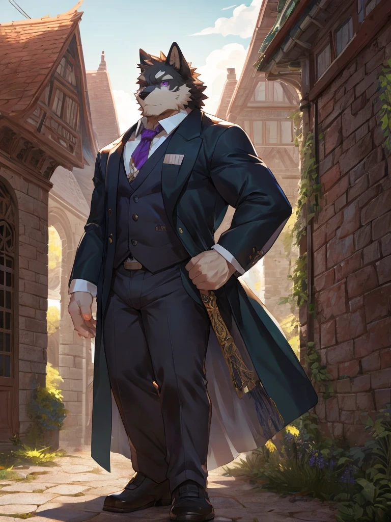 embedding:black wolf, male,purple eyes,Scar on the face, scar on the body,Single person,Smart posture, smart expression,father,Majestic, Manor style architecture,Just got off at the gate of the manor.Tall, mature,father，A modern manor,In the courtyard,Gravel road,Serious,Everyday attire,Formal,Handsome, silent,Maturity,The highest quality of scene detail,adult,Tall and powerful,muscle，Exquisite scenes,Best quality hands, best quality eye，detailed fur，Delicate eyes.Extreme picture quality，by sollyz,by zixiong,by milkytiger1145