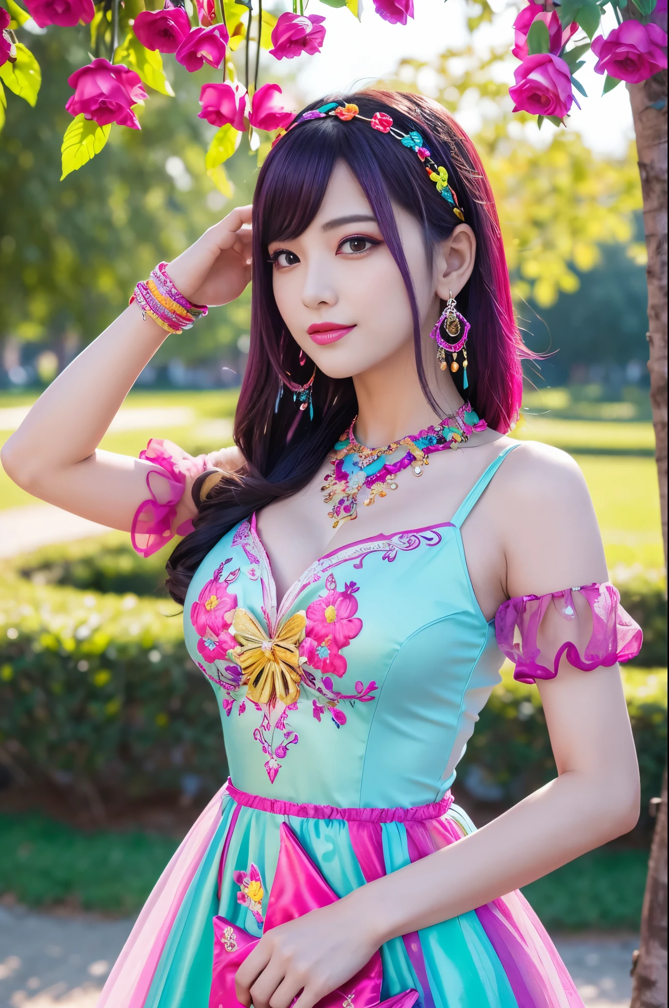 (masterpiece:1.4), (best quality:1.4), ultra high res, ultra high resolution, ((ultra detailed facial features)), HDR, (realistic, photorealistic, photo-realistic:1.37), full body Esbian, sexy Vietnamese model, (-anime), vivid colors, ((vivid colors multicolor (fuchsia, pink, light blue, purple) very short hair)), (seductive smile), ultra detailed metallic makeup, lip-gloss, long lashes, defined eyebrows, wearing large sparkling colorful jewelery, wearing a red silk Paradise Kiss cosplay dress with black floral embroidery, ((vivid colors outfit)), vivid colors, look at the camera, cinematic light, large park background with trees, sweet and sexy pose
