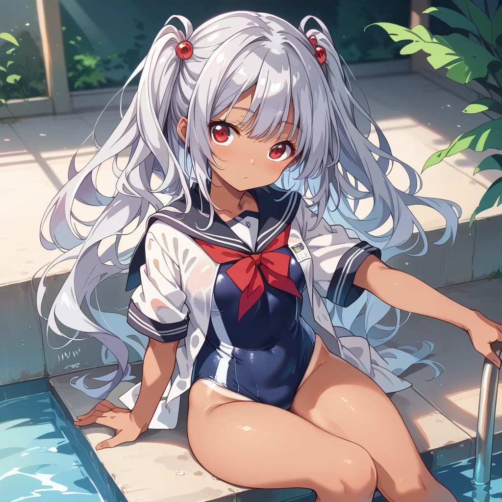 BREAK Perfect Anatomy、(High resolution:1.2)、Incredible illustrations、(Cute illustrations:1.2)、(nsfw) （Beautiful background(Poolside）

((silver hair, red eyes, tanned skin), slender)

((school uniform, half undress), competitive swimsuit)