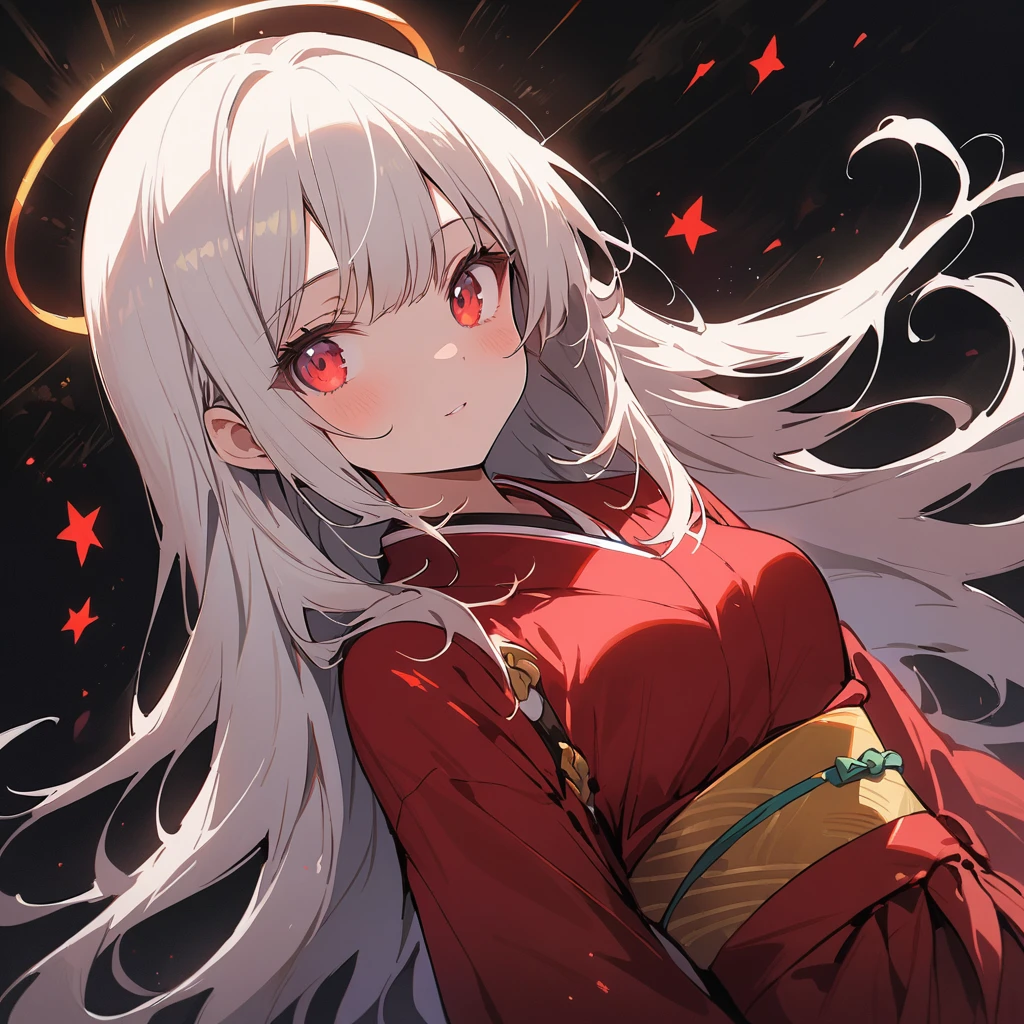 ((masterpiece,best quality)),A girl,Beautiful details, detailedな顔, (whole body:1.2), Long white hair, Red Eyes,Small Breasts, (black background:1.2), blood particles, Shadow Face 、(best quality、masterpiece、high resolution、detailed)、Japanese cartoonsスタイル、Flat style、(shine目、detailed美しい顔),  rest,1 girl、extremely detailed(Shining), Optimal lighting, Best shadow、Dynamic Angle、floating, (High Saturation), (shine), Face Focused,Japanese cartoons