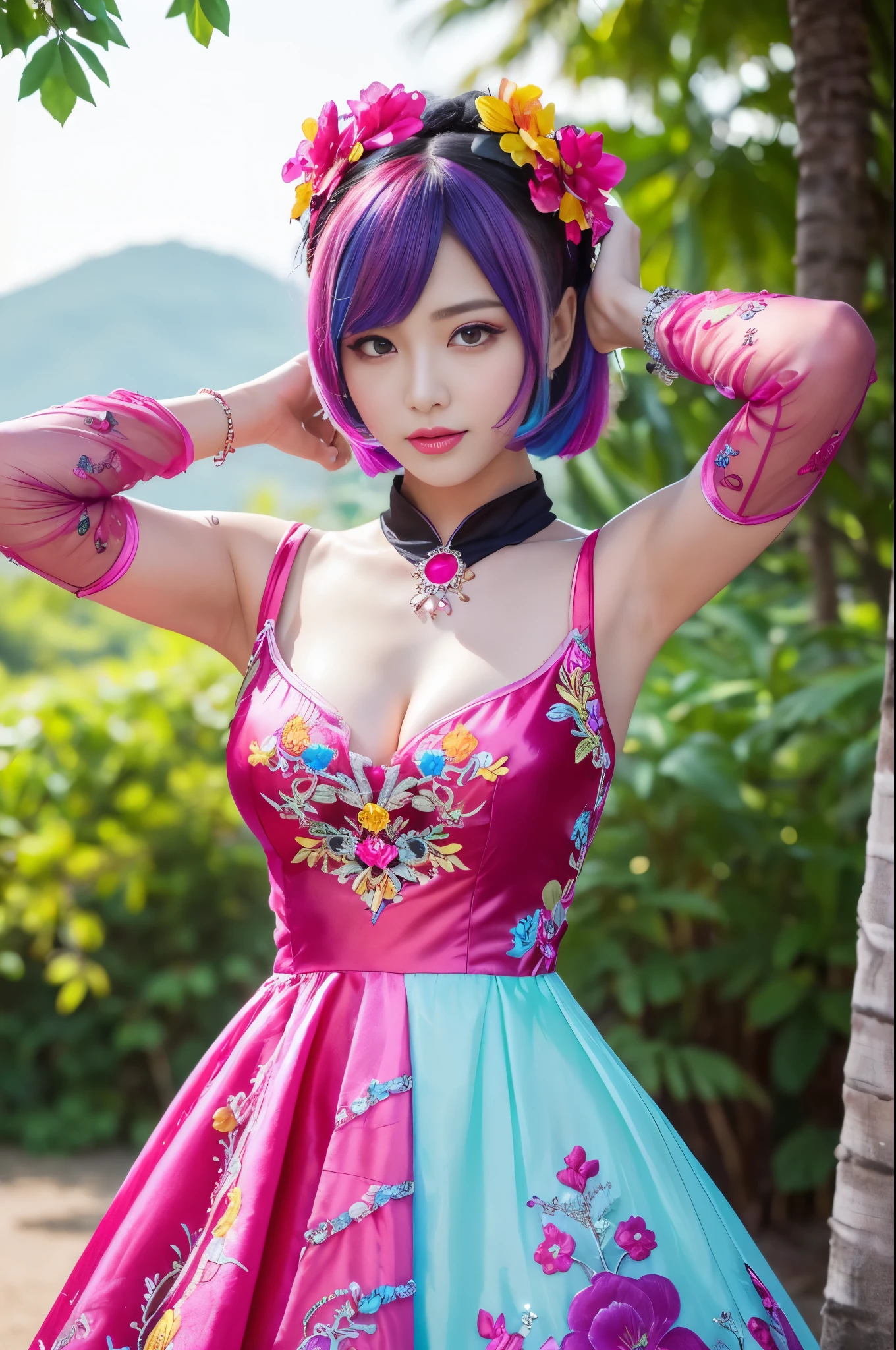 (masterpiece:1.4), (best quality:1.4), ultra high res, ultra high resolution, ((ultra detailed facial features)), HDR, (realistic, photorealistic, photo-realistic:1.37), full body Esbian, sexy Vietnamese model, (-anime), vivid colors, ((vivid colors multicolor (fuchsia, pink, light blue, purple) very short hair)), (seductive smile), ultra detailed metallic makeup, lip-gloss, long lashes, defined eyebrows, wearing large sparkling colorful jewelery, wearing a red silk Paradise Kiss cosplay dress with black floral embroidery, ((vivid colors outfit)), vivid colors, look at the camera, cinematic light, large park background with trees, sweet and sexy pose