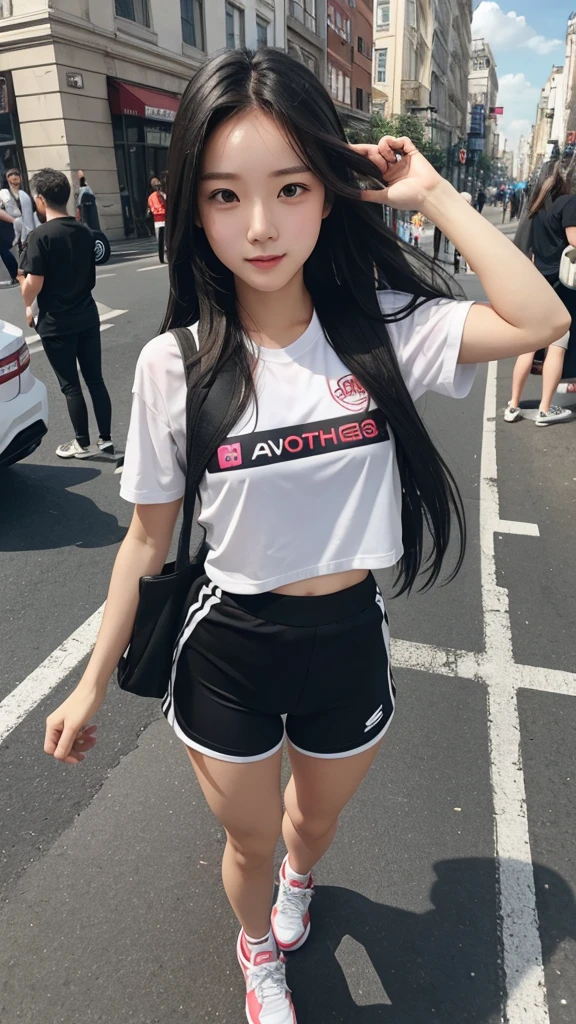 14mm wide-angle lens,Street shooting,Girl with a cheerful personality,Sportswear,Black long hair